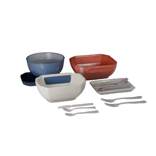 Picnic Salad Bowl Set 3D model, three-quarter front view, Unity viewport, showing ceramic, arranged serving layout.