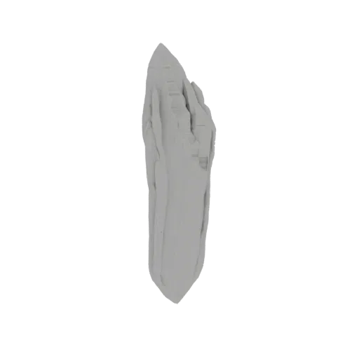 Una renderización 3D de un fragmento de cristal dentado, gris claro, con facetas afiladas e irregulares, presentado sobre un