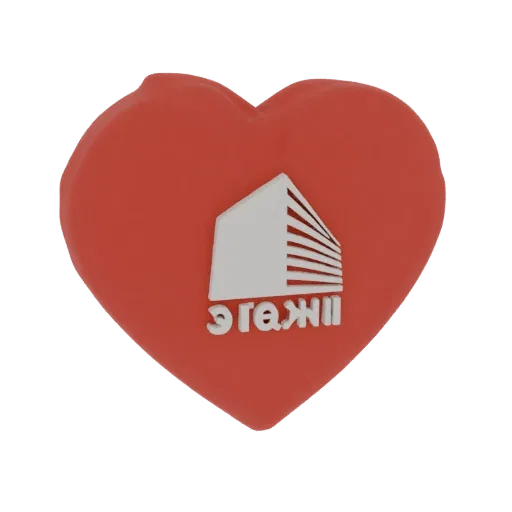 3D render of a red heart charm with a white stylized building logo embossed on its surface.