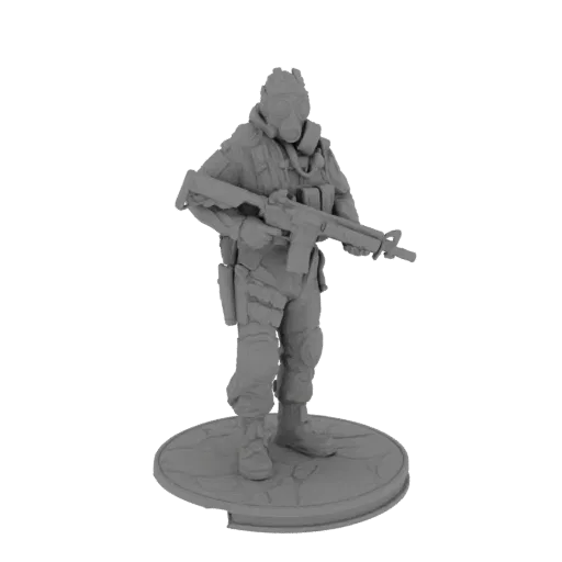Renderização 3D de um soldado pós-apocalíptico usando máscara de gás e equipamento tático, segurando um fuzil, em pé sobre um