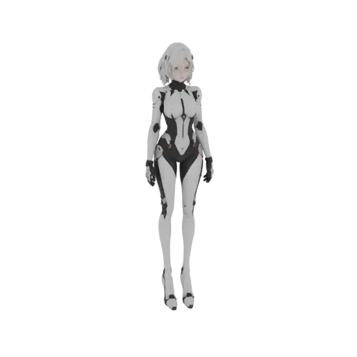 3D model of a futuristic female android with white hair, wearing a white and black bodysuit, standing against a black backgro