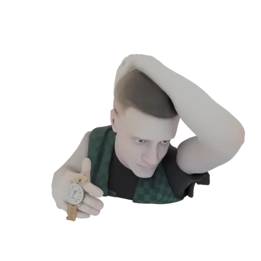 3D model of a man with short hair, wearing a vest, looking at his wristwatch, with one hand on his head.
