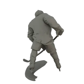 Vue arrière d'un modèle 3D de joueur de hockey sur glace en pose de patinage dynamique, tenant une crosse de hockey.