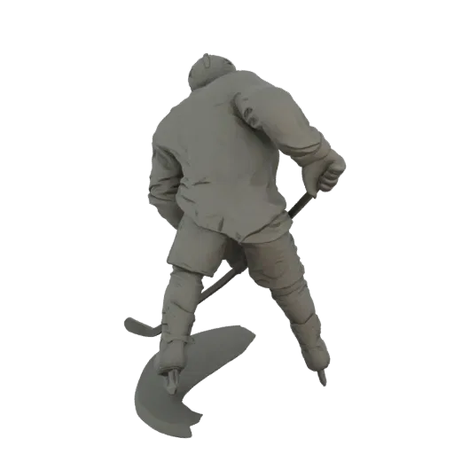 Rear view of a 3D model of an ice hockey player in a dynamic skating pose, holding a hockey stick.