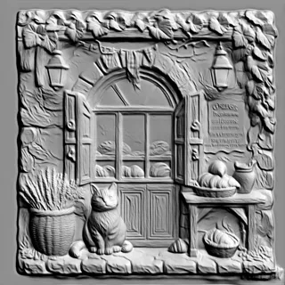 3D модель барельефа с изображением французской пекарни, кота, выпечки, цветов и виноградной лозы
