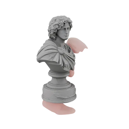 3D render of a grey classical bust of Apollo with pink, fragmented wing pieces attached to the side and base.