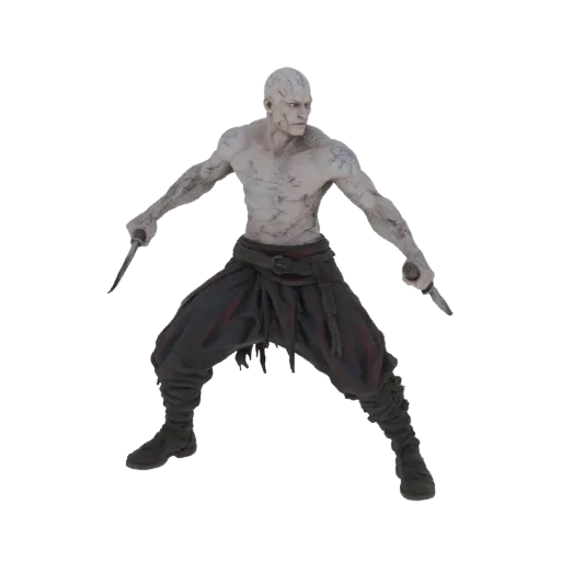 3D model of a scarred warrior with tribal markings, holding two knives in a combat stance, wearing dark pants and boots.
