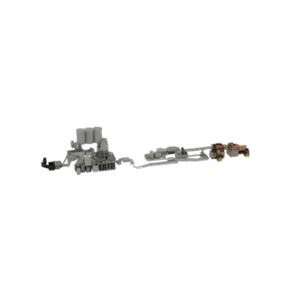 Modèle 3D d'une usine industrielle avec silos, convoyeurs et camions, rendu en gris et brun.