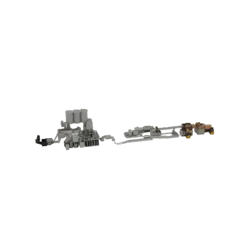 3D model of an industrial plant with silos, conveyor belts, and trucks, rendered in grey and brown.