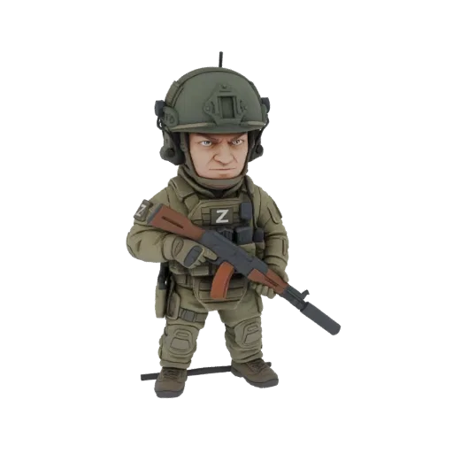 3D model of a chibi soldier in military uniform holding an AK-47 rifle, with a 'Z' symbol on the chest.