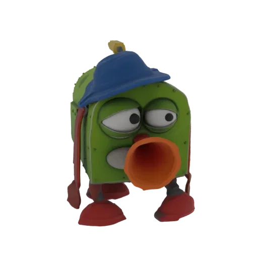 A 3D render of a quirky green robot character wearing a blue hat and having a large orange horn for a mouth, with red feet.