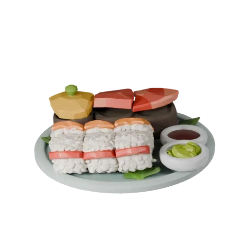 Homestyle Sushi Set Stylized 3D model, stylized isometric render, showing sauces, plated composition.