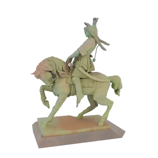 3D model of an equestrian warrior statue on a horse, with the horse's mane flowing dynamically.
