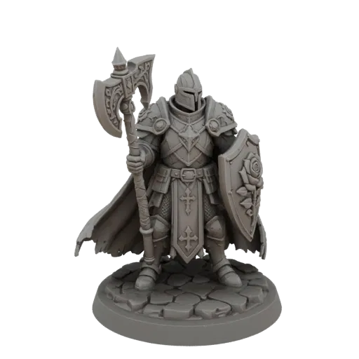 Figurine 3D d'un Chevalier à la Rose, guerrier en armure ornée tenant une hache de bataille et un bouclier, sur un socle pavé