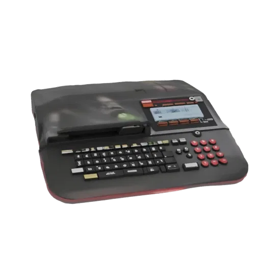 3D model of a black and red label maker with a QWERTY keyboard and LCD screen.