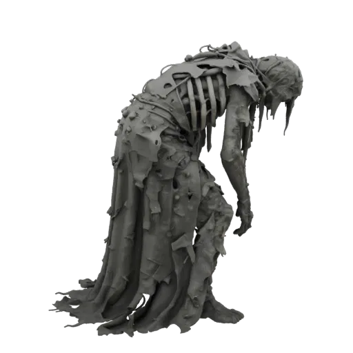 3D model of a mourning ghost in a torn shroud, hunched figure, visible ribs and spectral tendrils.