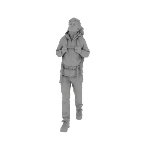 Modello 3D di un escursionista con zaino, visto frontalmente, che guarda verso l'alto.
