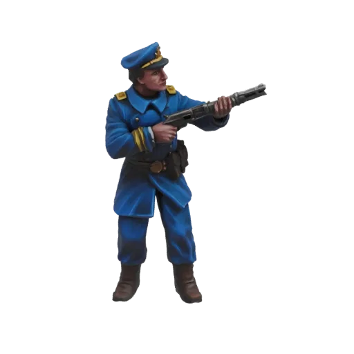 3D model of a 19th-century soldier in a blue uniform holding a shotgun, rendered against a white background.
