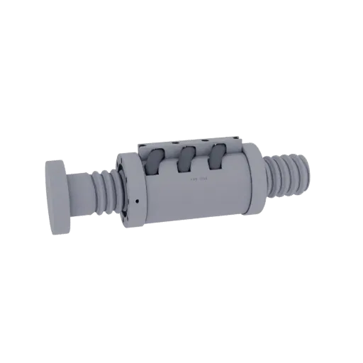3D render of a gray ball screw actuator with visible roller bearings and a protective bellows on the lead screw.