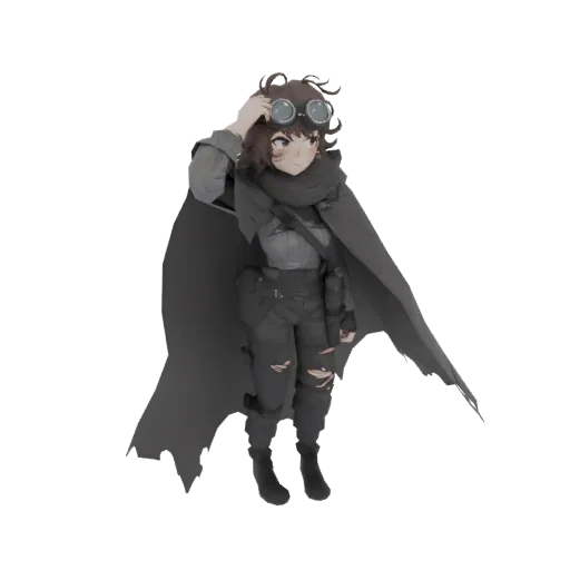 3D model of a female steampunk adventurer wearing goggles, a scarf, a cape, and rugged clothing, posed against a black backgr