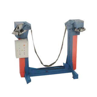 Maquette 3D de pont élévateur hydraulique industriel avec base bleue, colonnes rouges et panneau de commande gris.