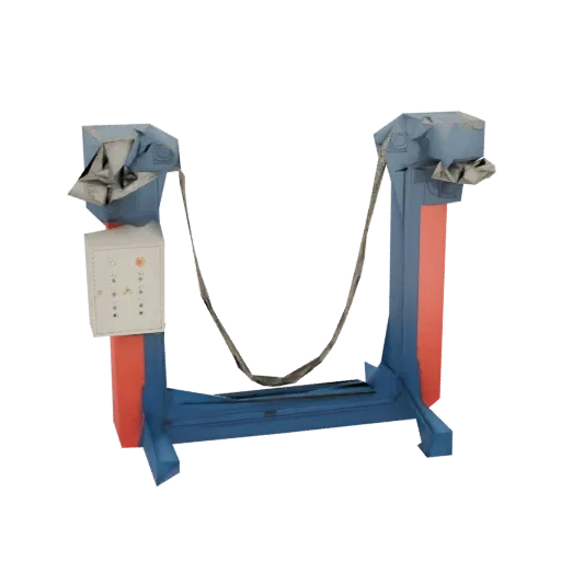 3D model of an industrial hydraulic car lift with blue base, red columns, and a grey control panel.