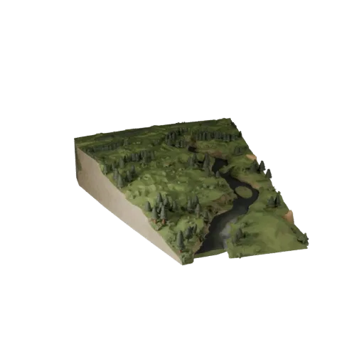 Taiga River Biome Unreal Engine 3D model, top-down viewport view, showing terrain layers, snow banks.