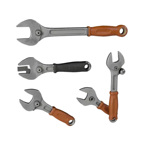 Vintage Wrench Modular 3D model, isometric modular kit view, showing painted metal, functional silhouettes.