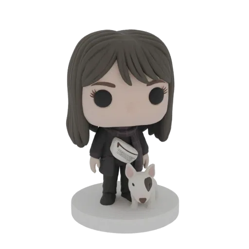 3D model of a stylized girl in a dark jacket and scarf, holding a white bull terrier dog, on a white circular base.