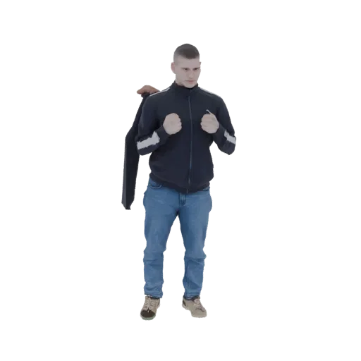 3D model of a young man wearing a blue tracksuit and jeans, with a dark jacket over his shoulder, standing against a white ba
