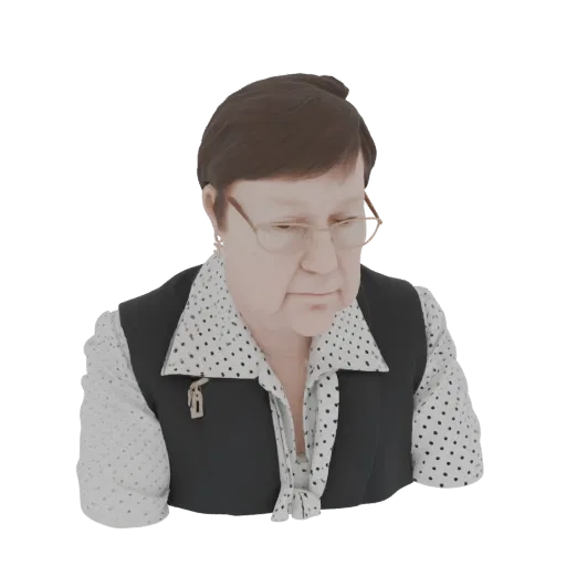 3D model of a vintage woman with short brown hair, wearing glasses, a white polka dot shirt, and a dark vest.