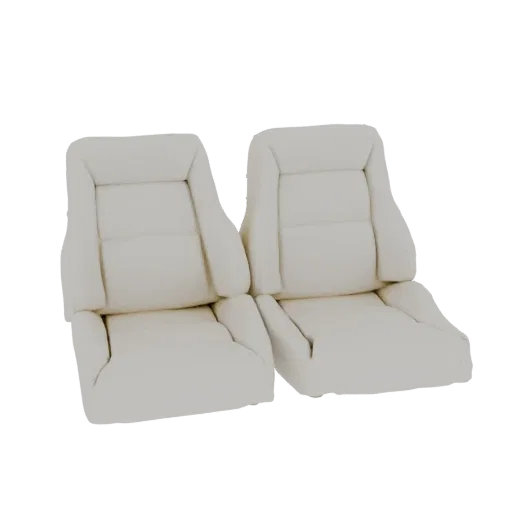 A 3D model of two cream leather car seats, viewed from a slightly elevated front angle, against a black background.