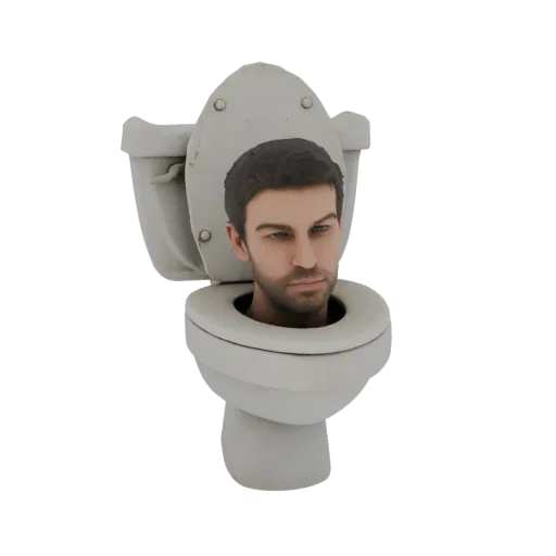 3D model of a man's head emerging from a white toilet bowl against a black background.