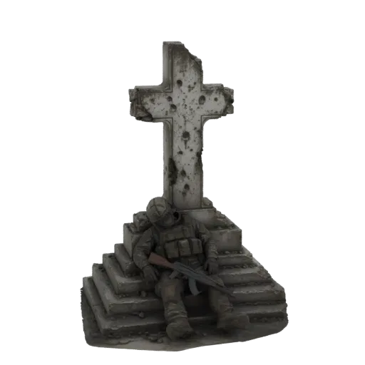 3D model of a soldier in tactical gear resting against a bullet-riddled stone cross on a tiered base.