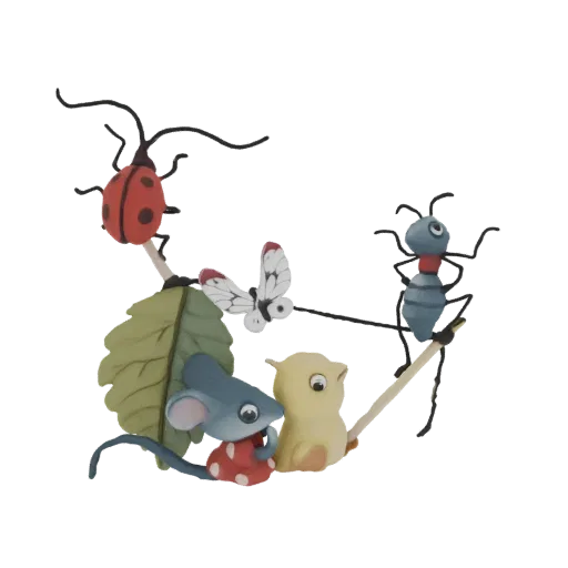 3D model of a whimsical woodland scene with a mouse, chick, ladybug, butterfly, and ant on a branch with a leaf.