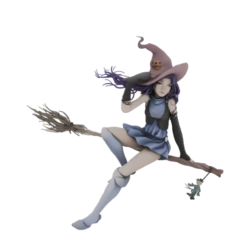 3D model of a young witch with purple hair, wearing a blue dress and pink hat, flying on a broomstick with a small green familiar.