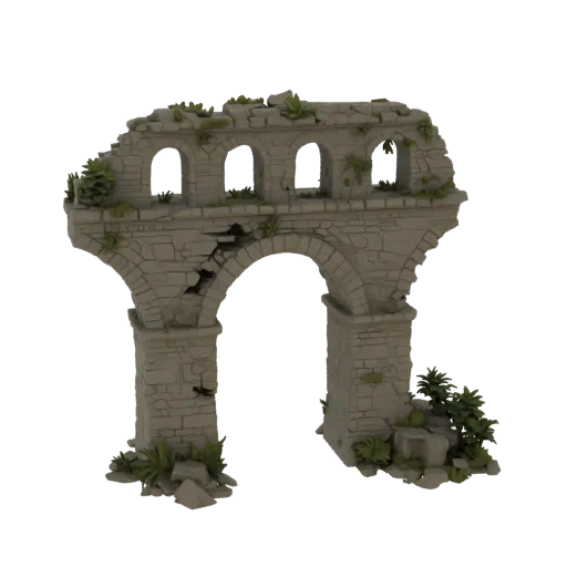 Overgrown Aqueduct Ruin Printable 3D model, isometric tabletop STL render, showing aged stone, built remnants.