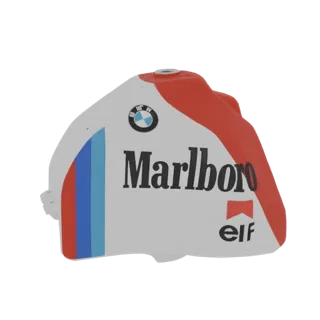 Maqueta 3D de un tanque de combustible de carreras BMW Marlboro Elf con franjas y logos rojos, blancos y azules.