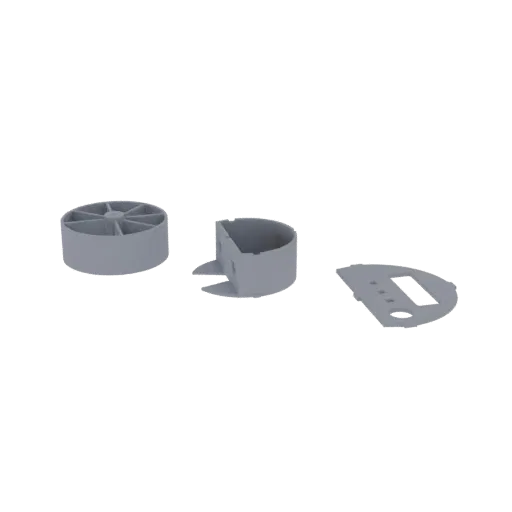 Un rendu 3D de trois composants mécaniques gris : un cylindre à ailettes, un boîtier avec découpes et une plaque plate avec d