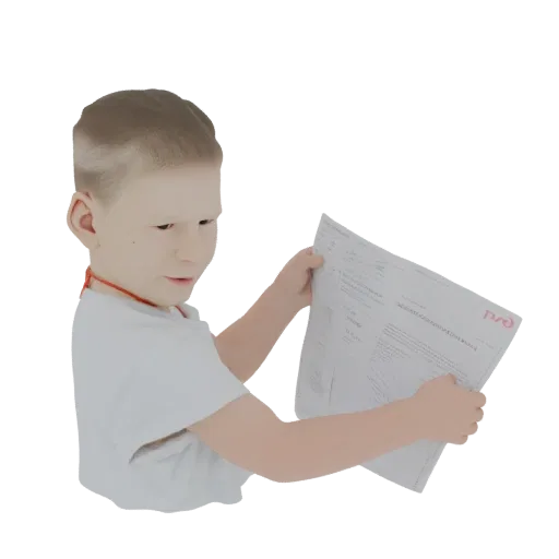 3D model of a young boy with blond hair, wearing a white t-shirt, reading a document.