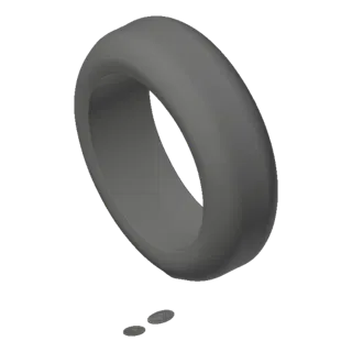 Una renderización 3D de un anillo toro gris mate suave proyectando una sombra sutil sobre una superficie negra.