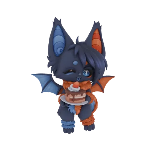 3D render of a cute, dark blue chibi bat with orange accents, winking and holding a slice of chocolate cake with a strawberry