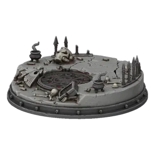 3D model of a circular diorama base with cracked stone, scattered bones, skulls, and an ornate grate, in a gothic ruin style.