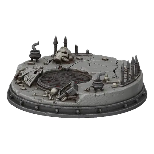 3D model of a circular diorama base with cracked stone, scattered bones, skulls, and an ornate grate, in a gothic ruin style.