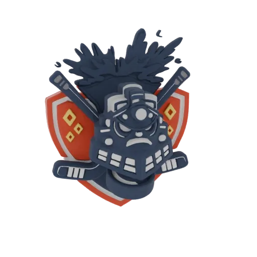 Modelo 3D de un emblema de locomotora furiosa con una cara feroz en un escudo naranja y vías de ferrocarril cruzadas.