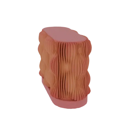 A 3D render of a sculptural stool with a textured, wavy base in warm terracotta tones and a smooth, flat top.