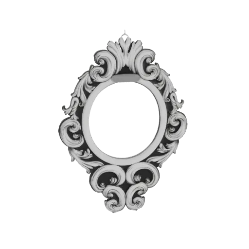 Modello 3D di una cornice specchio ovale in stile barocco ornato, con intricati motivi a volute ed elementi decorativi, su sf