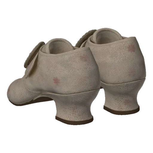 A 3D render of a pair of off-white Victorian-style shoes with pink floral patterns and ornate oval buckles.
