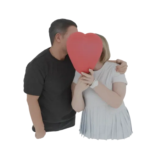 3D-Modell eines Paares, das sich umarmt und seine Gesichter hinter einem großen roten Herzballon versteckt, mit dem Arm des M