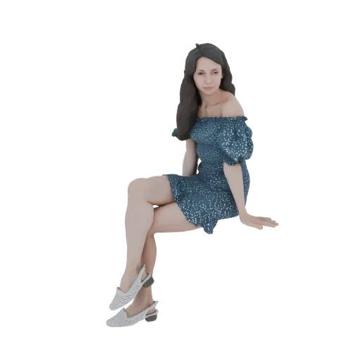 3D model of an elegant woman in a blue floral off-shoulder dress, sitting gracefully with legs crossed.